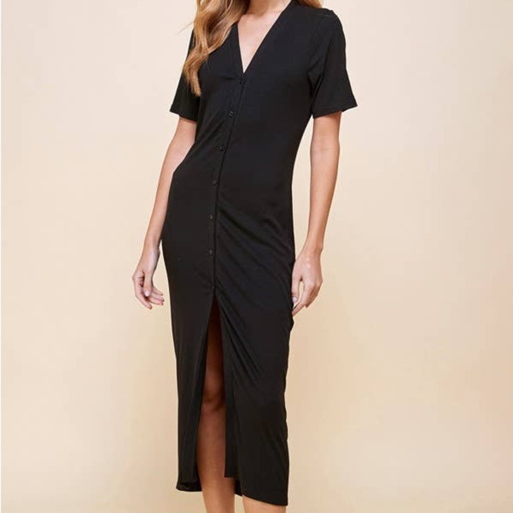 Black cotton stretch button down dress